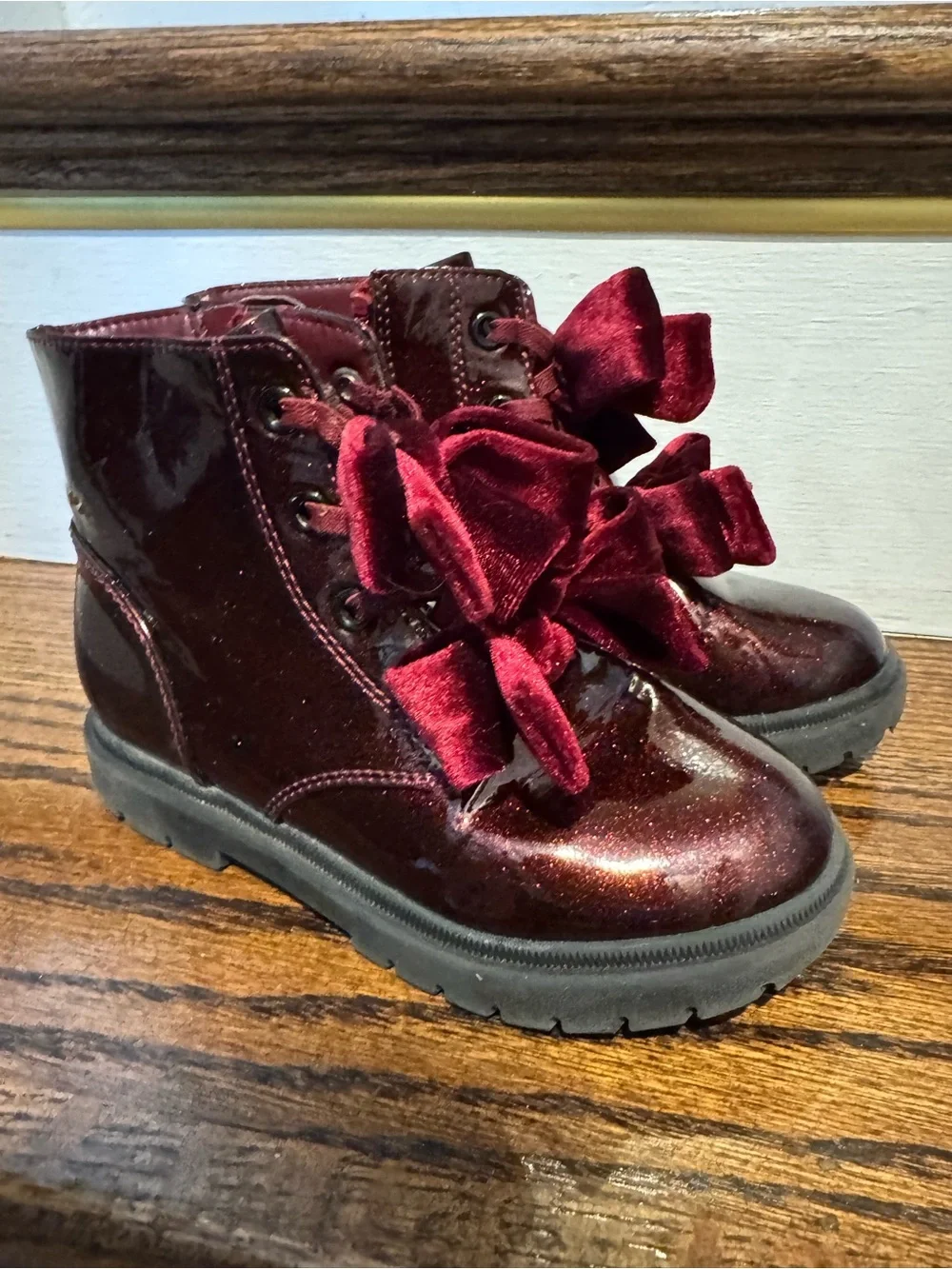 Girls Cat & Jack Burgundy Glitter Velvet Bow Ankle Boots